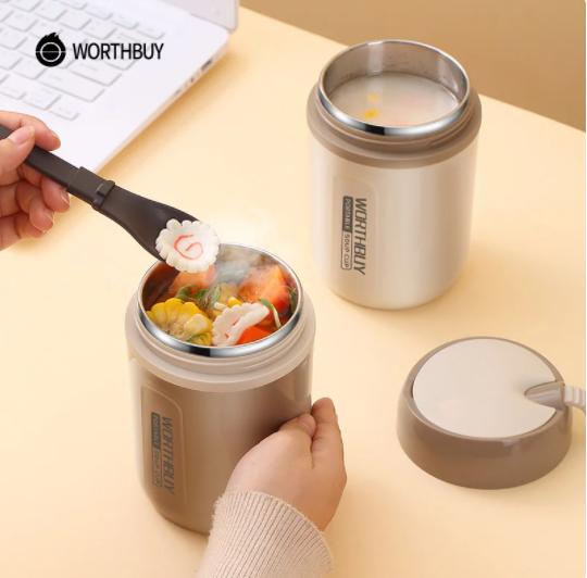 WORTHBUY Recipiente de alimento de aço inoxidável seguro da micro-ondas da caixa de almoço térmica 18/8 para o frasco de alimento do recipiente do almoço do adulto do miúdo à prova de vazamento