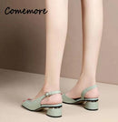 Comemore-Sandálias de Salto Peep Toe Confortáveis de Couro Macio para Mulheres, Salto Baixo, Bombas de Cadeia de Tornozelo, Sapatos Senhora do Escritório, Verão, 40, 2023