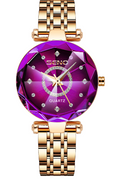 Coração do Oceano Quartzo Assista Starry Sky Diamond Surface Multi-facetado Vidro Solid Steel Band Ladies relógio à prova d'água