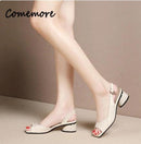 Comemore-Sandálias de Salto Peep Toe Confortáveis de Couro Macio para Mulheres, Salto Baixo, Bombas de Cadeia de Tornozelo, Sapatos Senhora do Escritório, Verão, 40, 2023